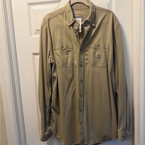 Carhartt Men's Flame Resistant Twill Long Sleeve Khaki Button-Up Shirt